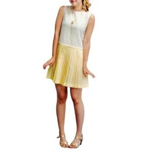 Vintage 60s White Eyelet Lace and Pale Yellow Pleated Mini Dress Medium